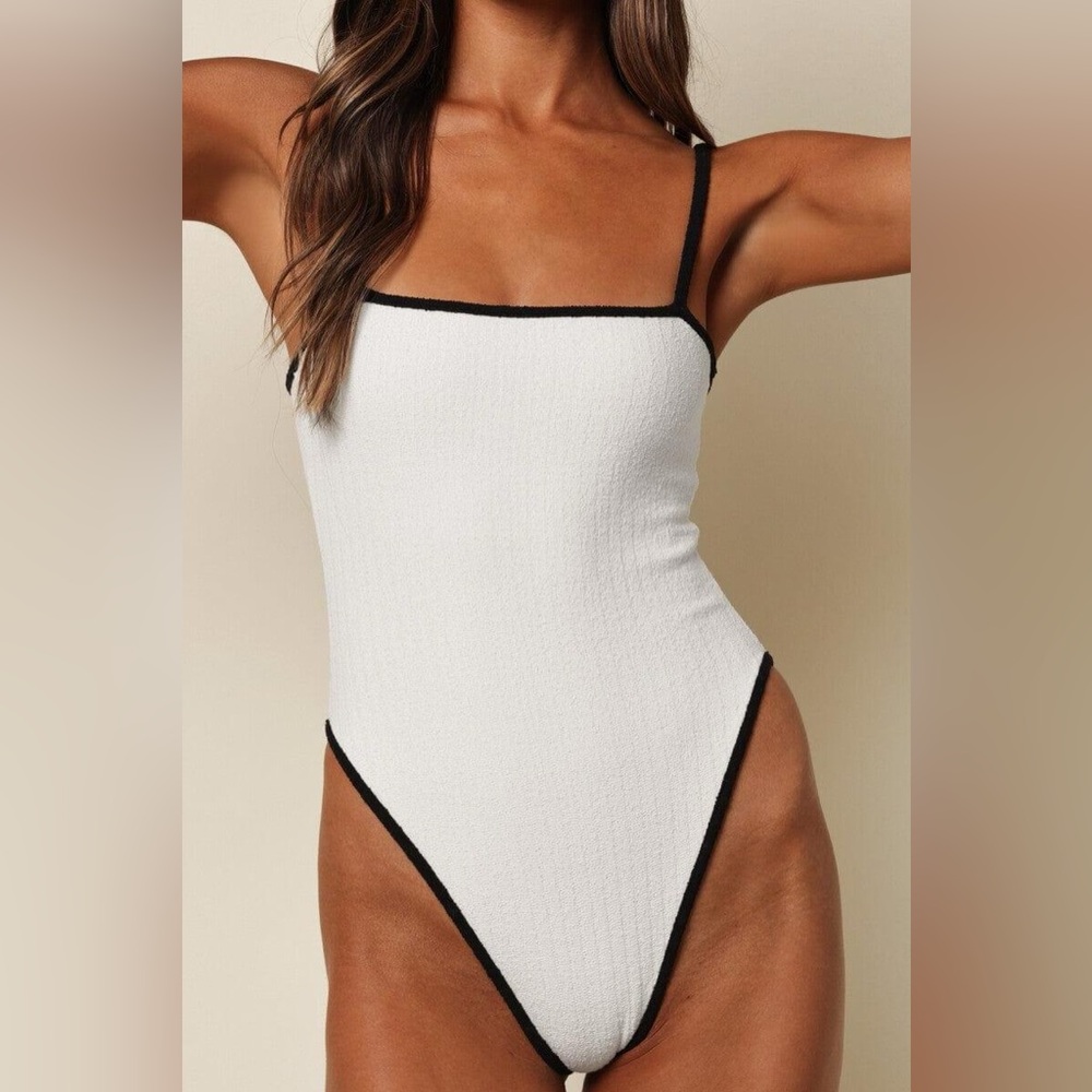 Montce Cream Black Binded Terry Rib Jacelyn One-Piece Swimsuit Medium NWOT